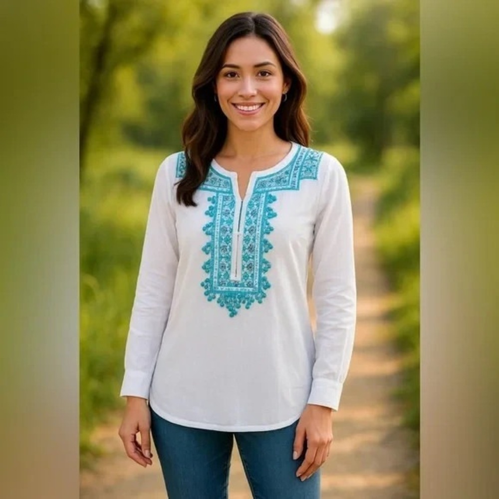 Roberto Cavalli Embroidered Beaded Cotton Tunic Top White Turquoise‎ Boho Small